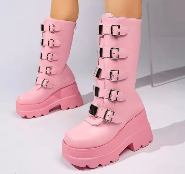 Women Fashion Pink Rivet Buckle Platform Mid Length Boots