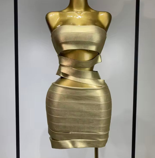 Women Gold Sexy Strapless Faux Leather Cut Out Bandage Dress