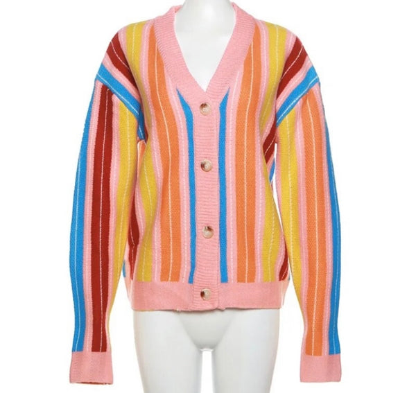 Women Fashion Colorful Striped Button Up Cardigan Top