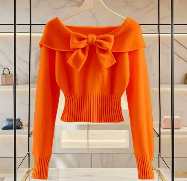 Women Color Bow Full Sleeve Fashion Sweater Top