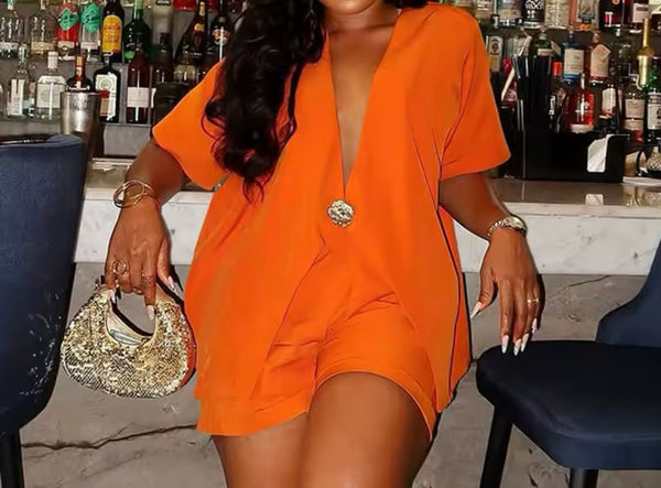 Women Sexy Orange Gold Button Short Sleeve Two Piece Short Set