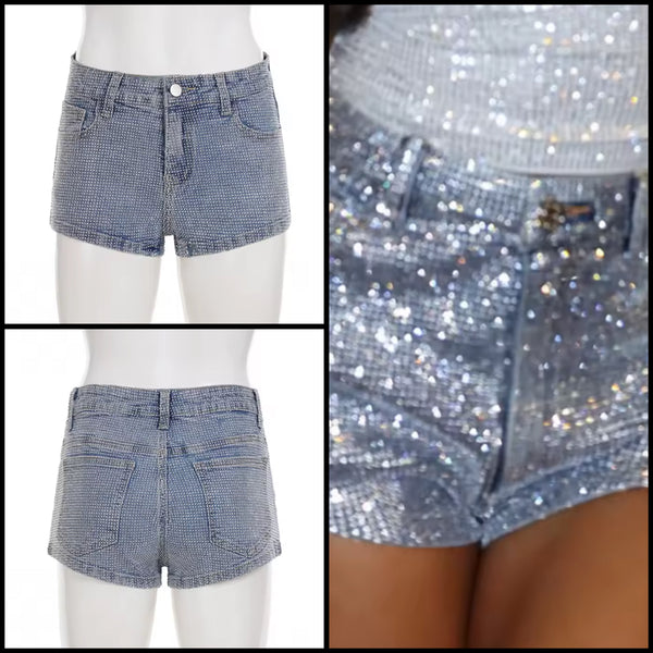 Women Fashion Rhinestone Blue Denim Shorts
