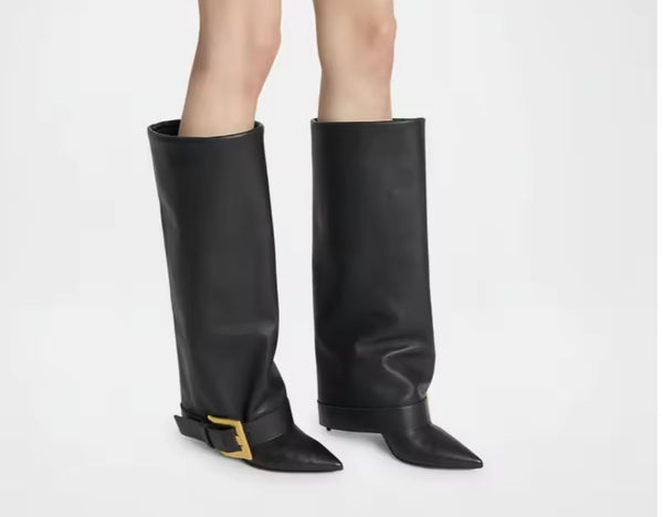 Women Fashion Gold Buckled Pointed Toe Knee High Boots