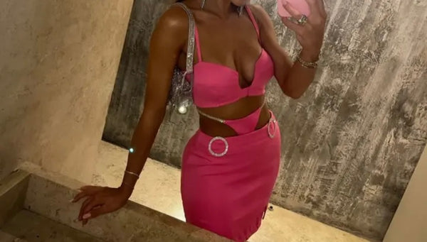 Women Bling Pink Sexy Sleeveless Two Piece Skirt Set