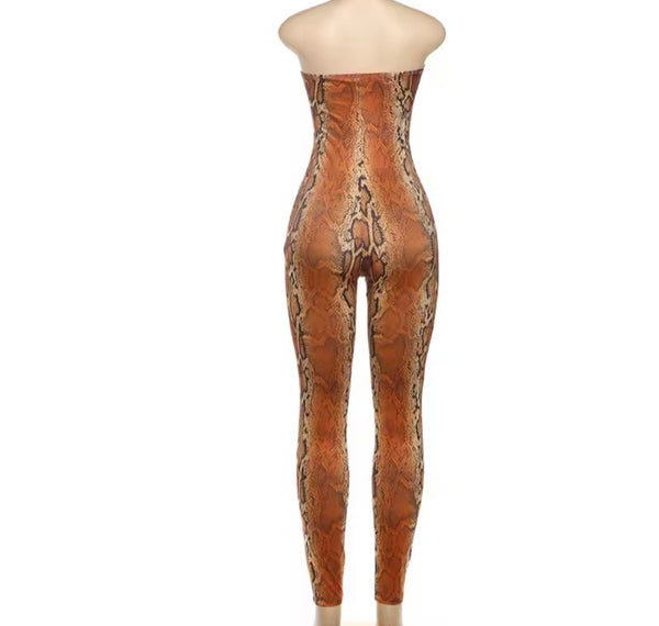Women Strapless Color Animal Print Cut Out Fashion Jumpsuit