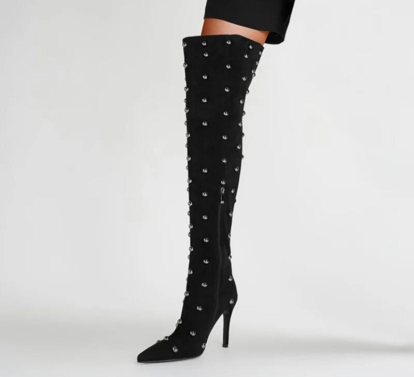 Women Suede Rivet Fashion Pointed Toe Over The Knee Boots