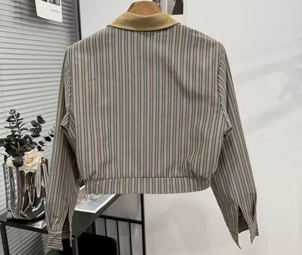 Women Fashion Striped Double Breasted Buckle Jacket