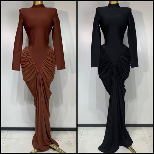 Women Sexy Solid Color Ruched Full Sleeve Maxi Dress
