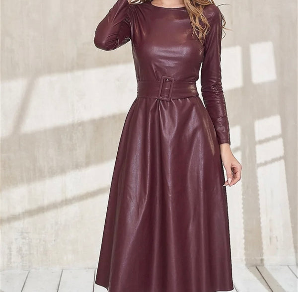 Women Fashion Faux Leather Belted Maxi Dress