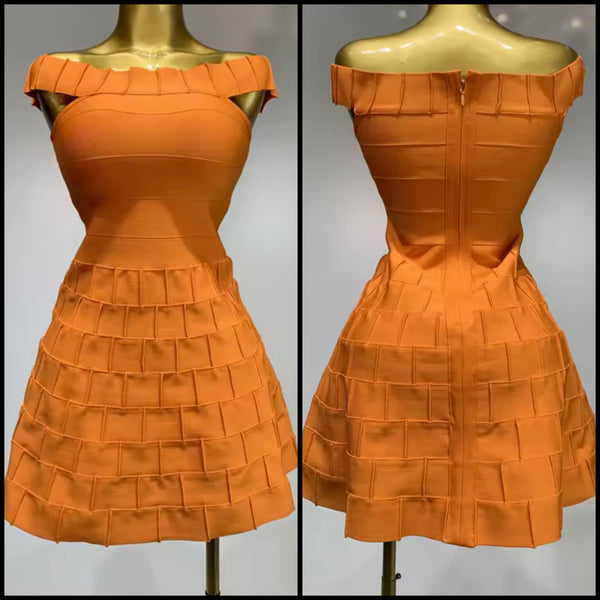 Women Sexy Orange Ruffled Off The Shoulder Sleeveless Dress
