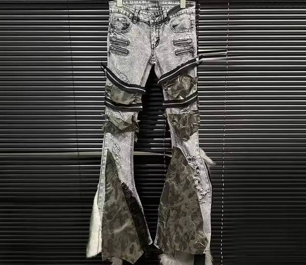 Women Gray Fashion Fur Zipper Printed Patchwork Denim Pants