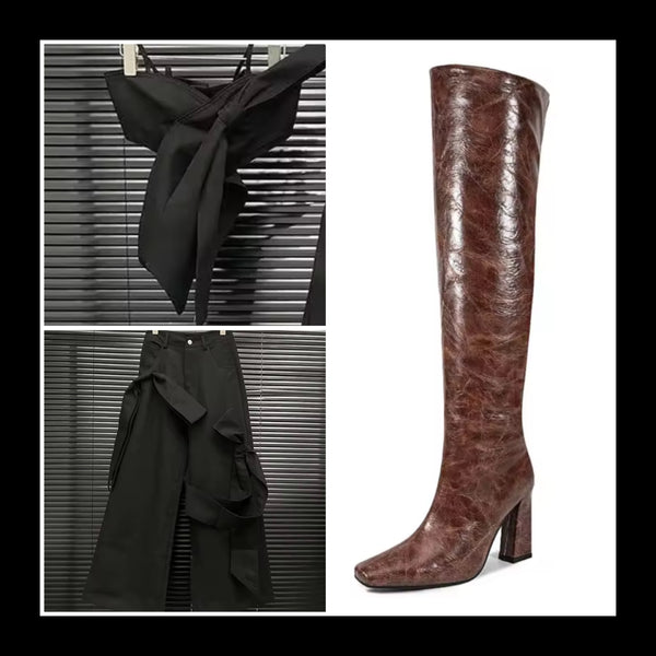 Women Color Faux Leather Square Toe Fashion Knee High Boots