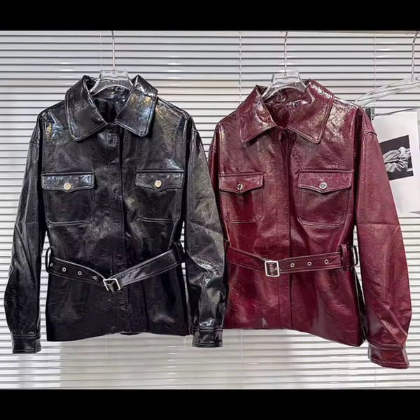 Women Faux Leather Zip Up Belted Fashion Jacket