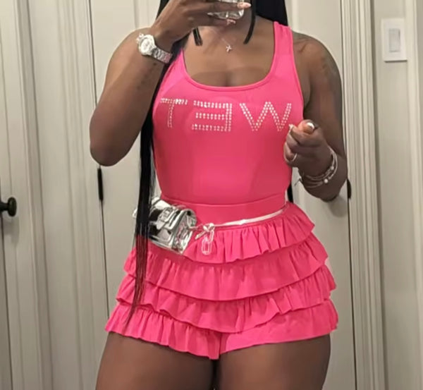 Women Sexy Sleeveless Bling Letter Print Ruffled Two Piece Short Set