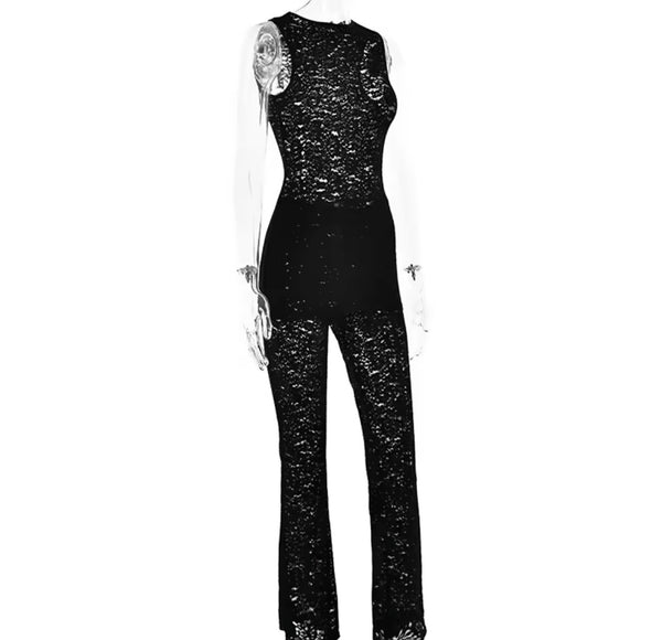 Women Sexy Sleeveless Solid Color Lace Two Piece Pant Set