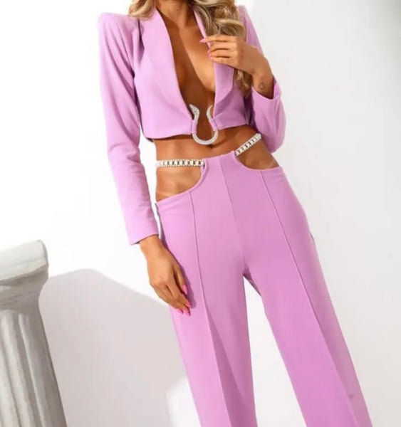 Women Sexy Metal Chain Crop Blazer Two Piece Pant Set