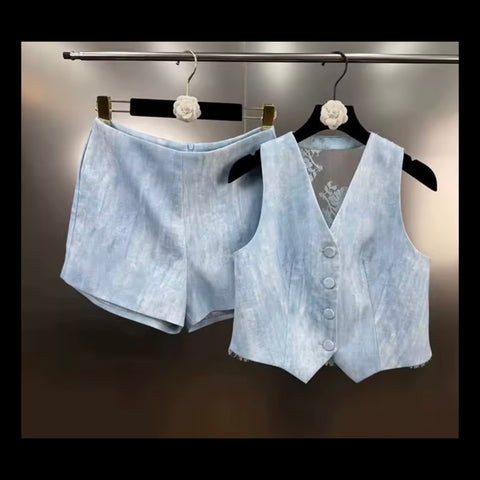 Women Button Up Sleeveless Mesh Vest Two Piece Short Set