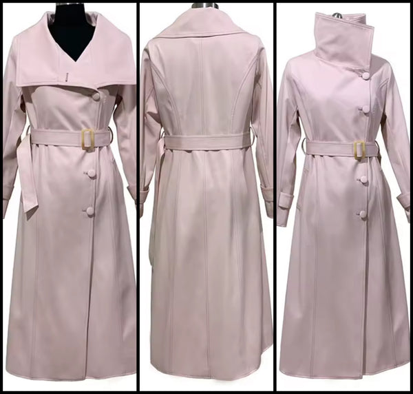Women Fashion Pink Faux Leather Trench Jacket