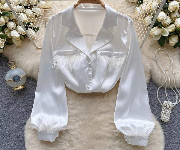 Women Button Up Feather Full Sleeve Fashion Top