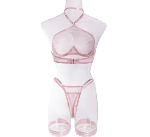 Women Sexy Pink Halter Mesh Lingerie