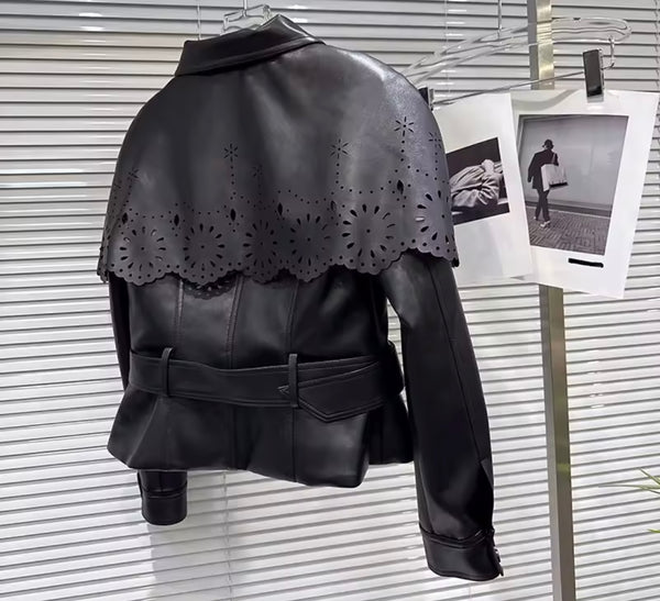 Women Fashion Ruffled Faux Leather Jacket Two Piece Skirt Set