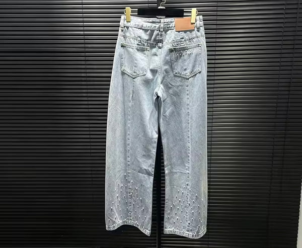 Women Fashion Blue Pearl Rhinestone Denim Pants