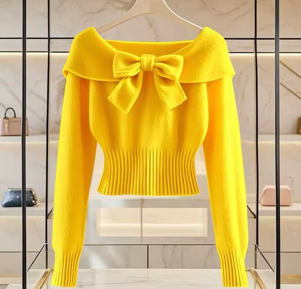 Women Color Bow Full Sleeve Fashion Sweater Top