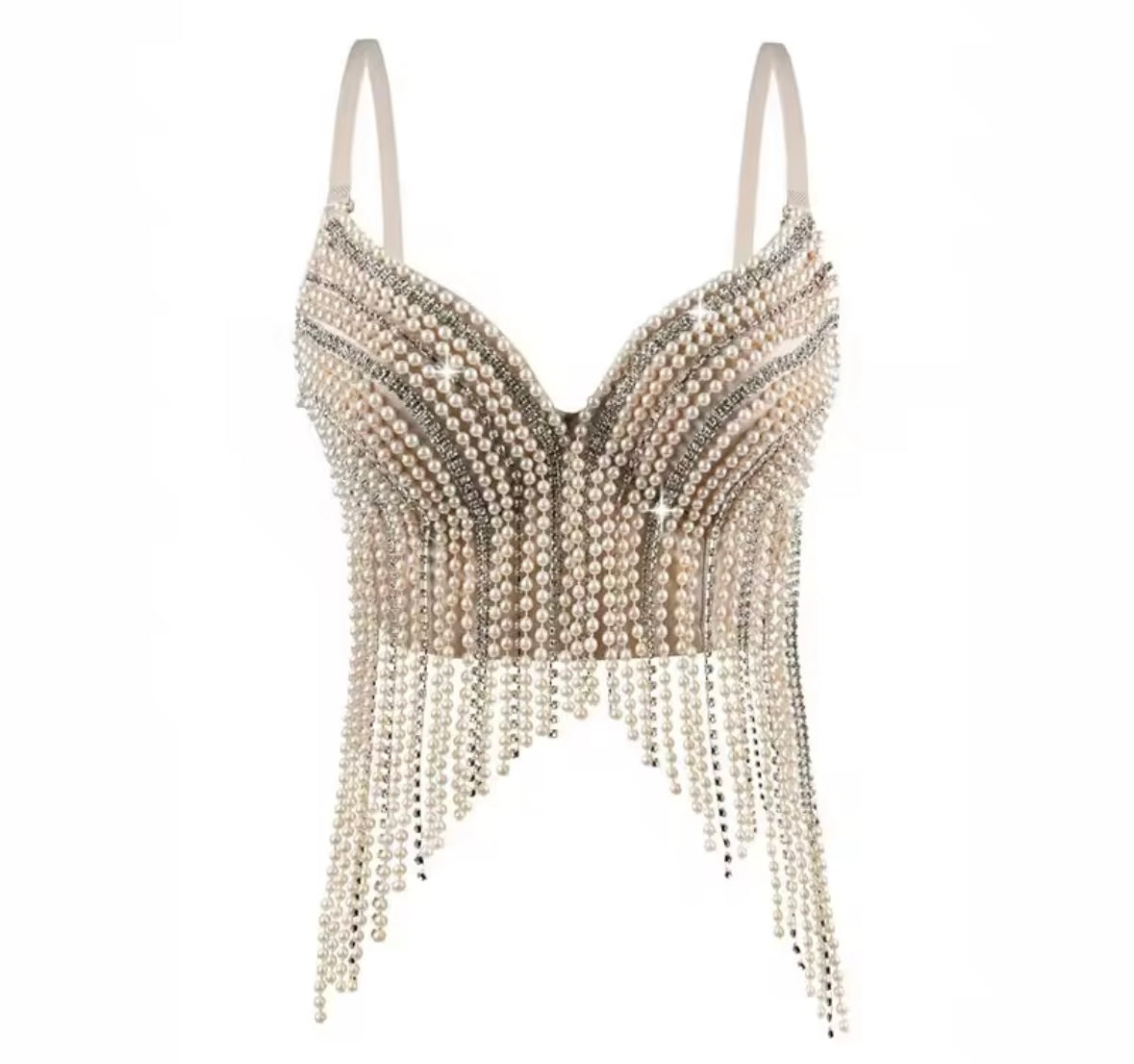Women Fashion Sleeveless Beaded Bling Tassel Crop Top