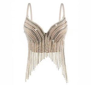 Women Fashion Sleeveless Beaded Bling Tassel Crop Top