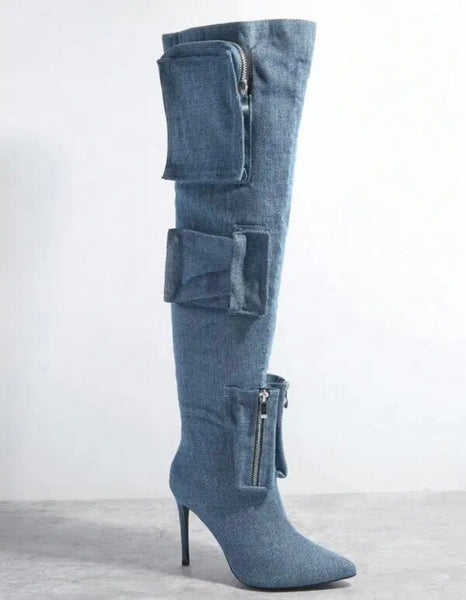 Women Fashion Zipper Pocket Knee High Boots