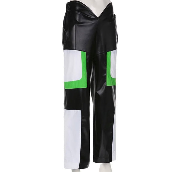 Women Fashion Color Patchwork Faux Leather Pants