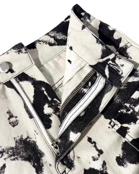 Women Fashion B&W Tie Dye Cargo Denim Pants