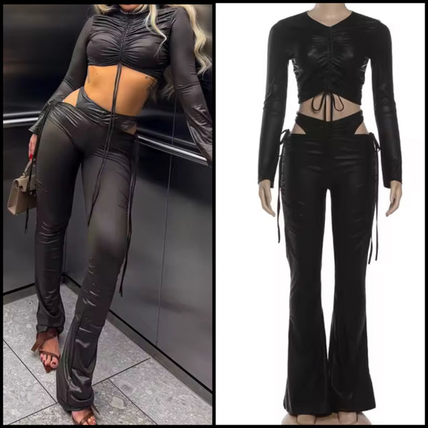 Women Black PU Ruched Cut Out Full Sleeve Two Piece Pant Set