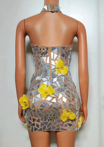 Women Sexy Silver Sleeveless Yellow Floral Patchwork Dress