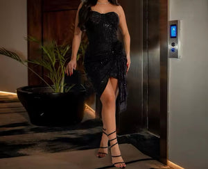 Women Sexy Strapless Sequins Ruched Dress
