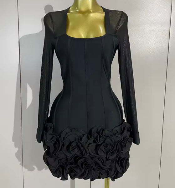 Women Sexy Mesh Full Sleeve Floral Ruffled Dress