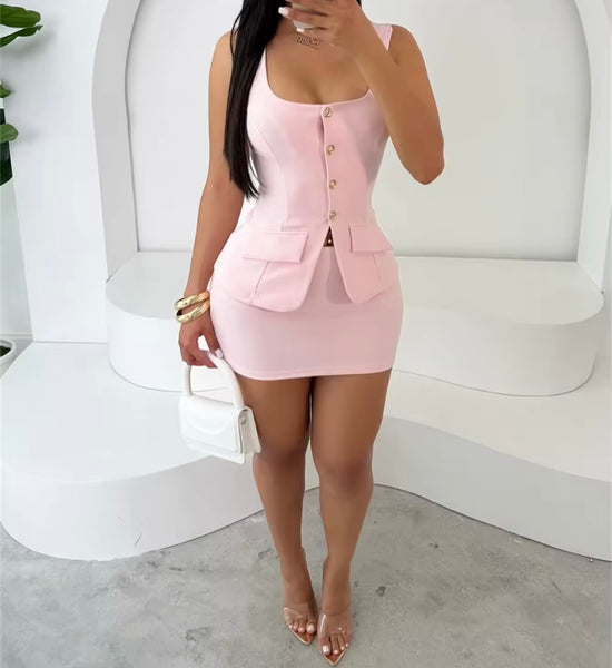 Women Sleeveless Button Up Blazer Sexy Two Piece Skirt Set