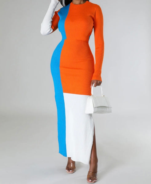 Women Sexy Color Patchwork Full Sleeve Ribbed Two Piece Maxi Skirt Set