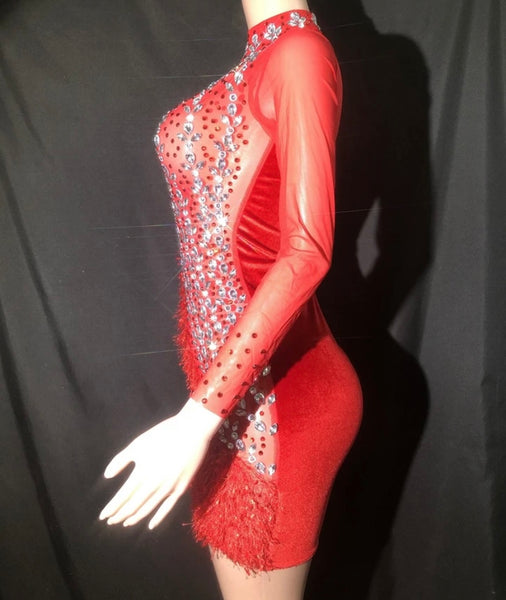 Women Sexy Red Bling Mesh Patchwork Full Sleeve Velour Dress