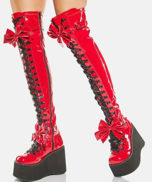 Women Fashion Red Bow Lace Up Platform Over The Knee Boots