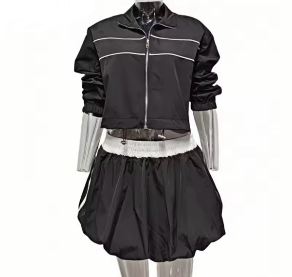 Women Zip Up Color Patchwork Two Piece Bubble Skirt Set