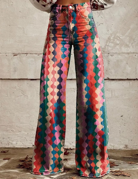 Women Color Print Fashion Wide Leg Pants