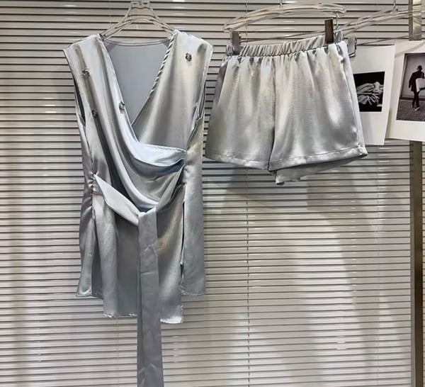 Women Sexy Sleeveless Bling Satin Two Piece Short Set