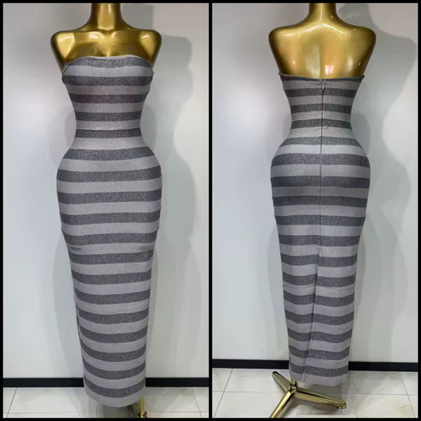 Women Sexy Strapless Gray Striped Bandage Maxi Dress