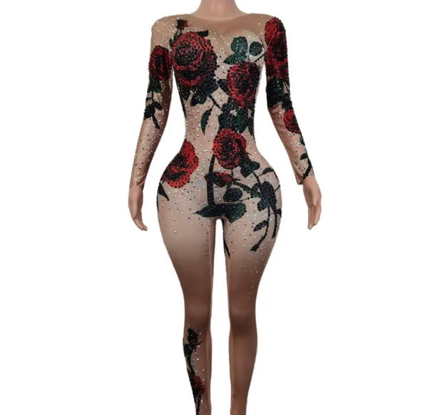Women Sexy Rose Bling Full Sleeve Jumpsuit