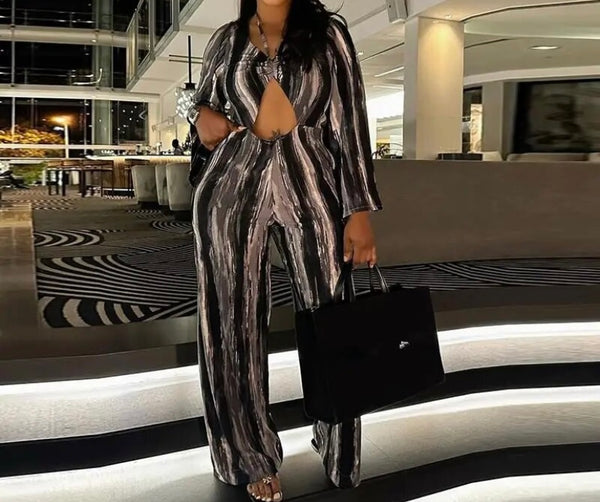 Women Cut Out Full Sleeve Color Patchwork Sexy Jumpsuit