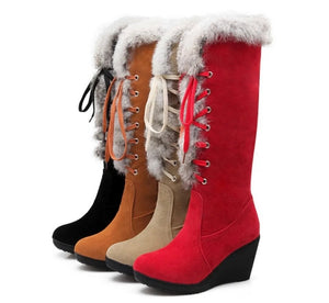 Women Platform Wedge Suede Lace Up Faux Fur Patchwork Boots