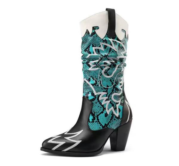 Women Fashion Color Animal Print Faux Leather Western Boots