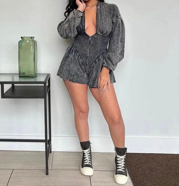 Women Fashion Zip Up Full Sleeve Denim Romper