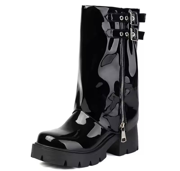 Women Black Zipper Double Buckle Fashion Ankle Boots